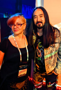 Siouxsie Blaze, mixed-media assemblage artist and DeTails Toys co-founder, with Steve Aoki at the Ali Sabet Stratosphere art exhibit during NFT NYC 2023.