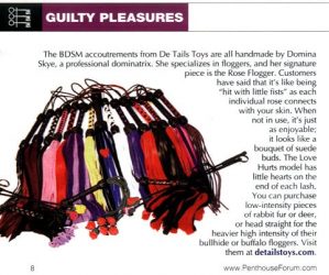Scan of the Guilty Pleasures section in Penthouse Forum January 2006, featuring a product review of the handmade Rose Flogger by De Tails Toys.